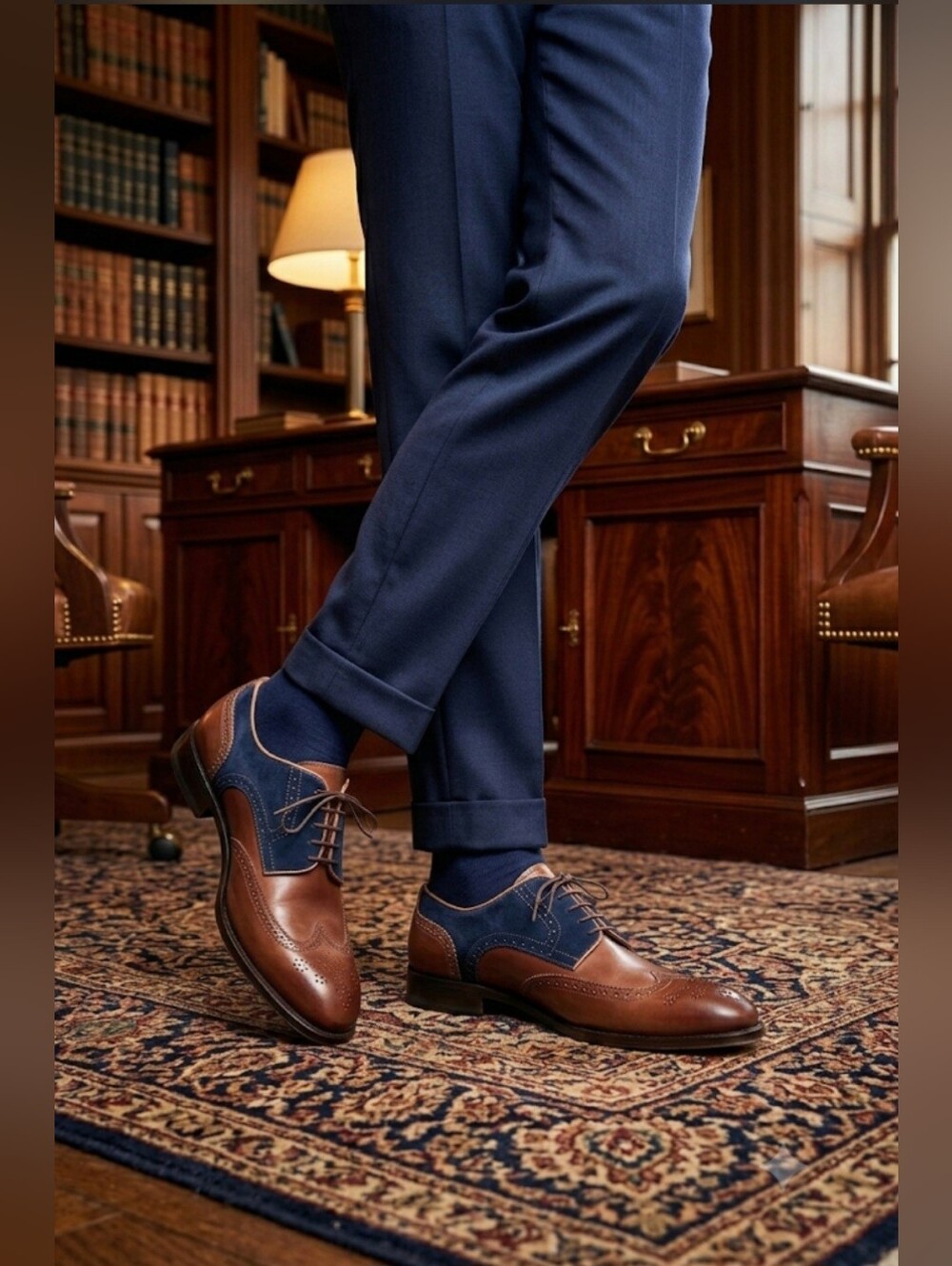 Ace Marks Wing-tip Vincent Brown Antique and Blue Suede / Sz 13 / Leather Derbys